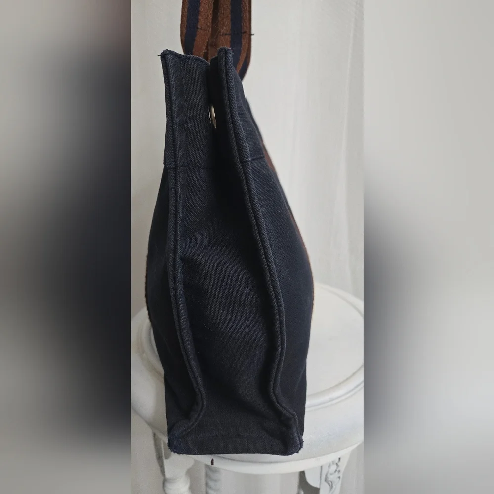 EUC Hermès Fourre-Tout Tote Bag – Navy Canvas with Brown Striped Handles w/COA